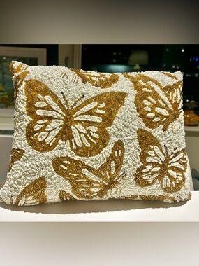 Primrose Vintage decorative gold/white beaded butterfly pillow 11,5X15,5”